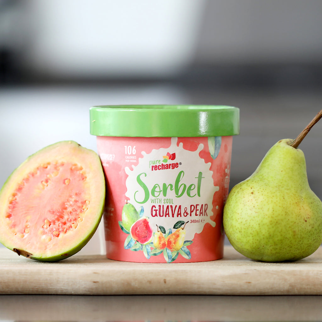Guava & Pear sorbet pot with a sliced guava and whole pear